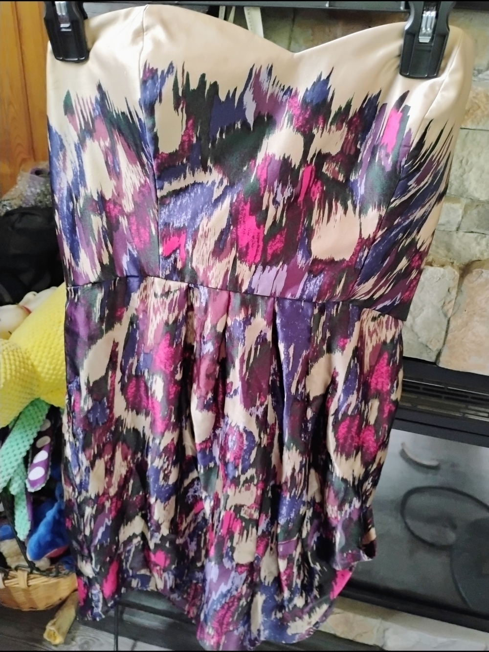 Strapless Mini Dress in Beige with Pink & Purple Abstract Print